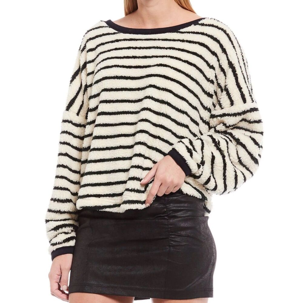 Free People Crewneck Striped Pullover Sweater Cream Black Small